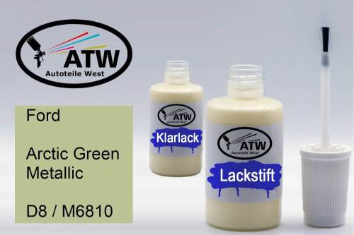 Ford, Arctic Green Metallic, D8 / M6810: 20ml Lackstift + 20ml Klarlack - Set, von ATW Autoteile West.